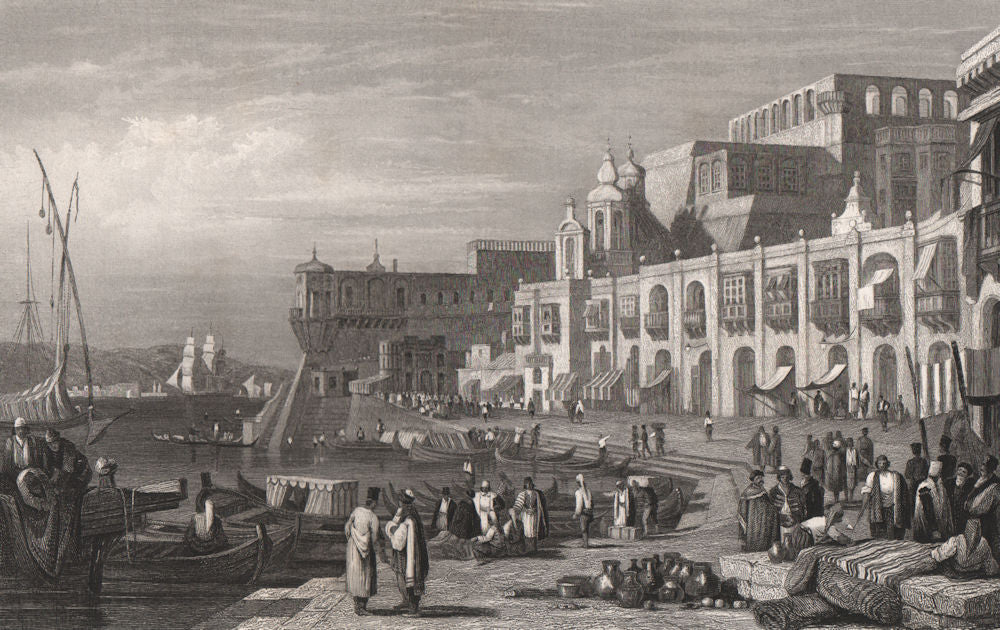 Marina of Valletta, Malta 1840 old antique vintage print picture